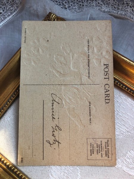 画像4: Postcard   アンティークポストカード バレンタイン 天使とお花の楽器 忘れな草のお花のドラム アメリカ1910年 (4)