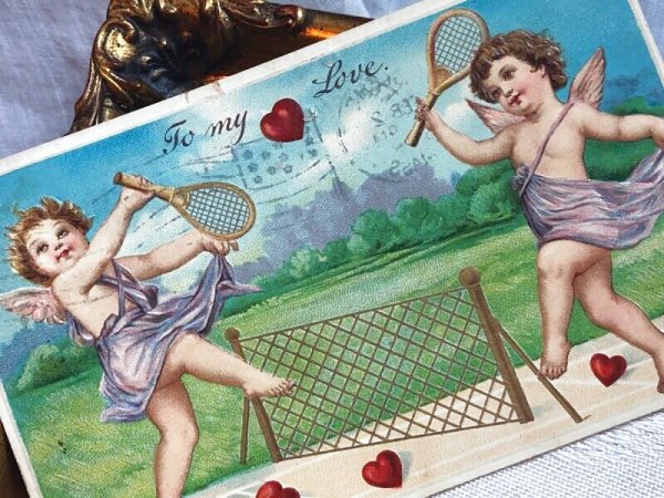 画像4: Postcard   アンティークポストカード バレンタイン ハートでテニスをする天使 F.Brundage ? (4)