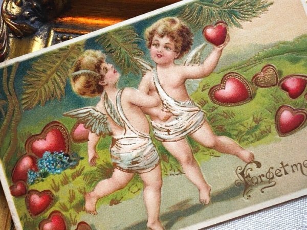 画像3: Postcard   アンティークポストカード バレンタイン ダンスをする天使たち ハート アメリカ1913年 (3)