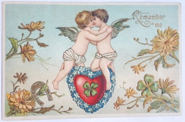 画像1: Postcard  　アンティークポストカード　バレンタイン　キスをする天使　 (1)