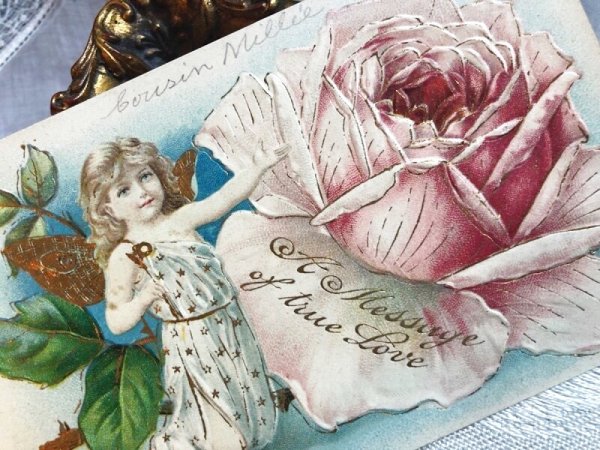 画像3: Postcard   アンティークポストカード バレンタイン 薔薇のお花と天使(妖精?)の女の子 アメリカ1908年 (3)