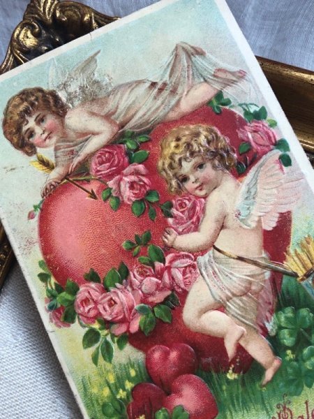 画像3: Postcard   アンティークポストカード バレンタイン ハートとキューピッド天使 アメリカ1909年 (3)