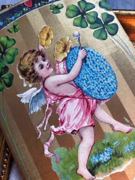 画像3: Postcard   アンティークポストカード バレンタイン 天使とお花の楽器 忘れな草のお花のドラム アメリカ1910年 (3)