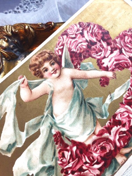 画像4: Postcard   アンティークポストカード バレンタイン ハートの薔薇のお花と天使 (4)