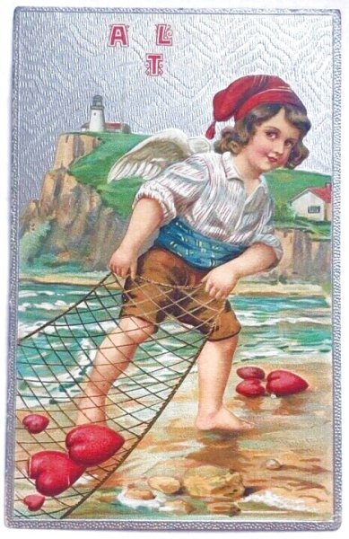 画像1: Postcard  　アンティークポストカード　バレンタイン　投網を引く天使　大漁のハート　アメリカ1912年 (1)