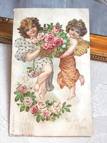 画像2: Postcard   アンティークポストカード バレンタイン 薔薇のお花のバスケットと天使 アメリカ1905年 (2)