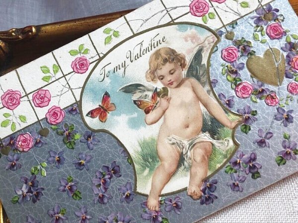 画像3: Postcard  　アンティークポストカード　バレンタイン　蝶々と天使　スミレ　薔薇　アメリカ1913年 (3)