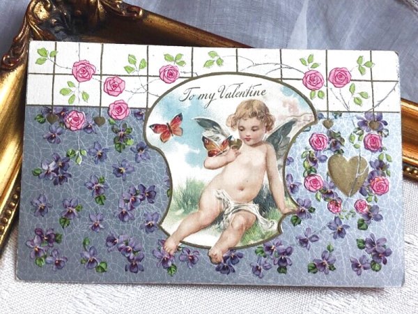 画像2: Postcard  　アンティークポストカード　バレンタイン　蝶々と天使　スミレ　薔薇　アメリカ1913年 (2)