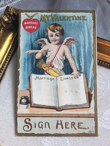 画像2: Postcard   アンティークポストカード バレンタイン 結婚許可証と天使 アメリカ1913年 (2)