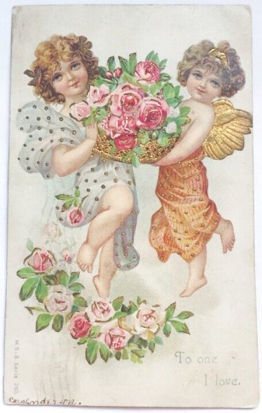 画像1: Postcard  　アンティークポストカード　バレンタイン　薔薇のお花のバスケットと天使　アメリカ1905年 (1)