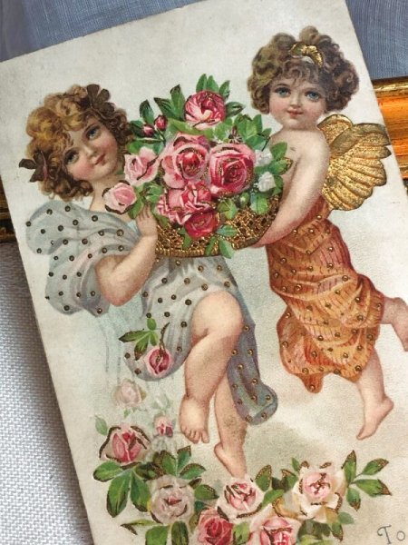 画像3: Postcard   アンティークポストカード バレンタイン 薔薇のお花のバスケットと天使 アメリカ1905年 (3)