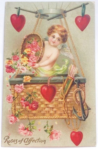 画像1: Postcard  　アンティークポストカード　バレンタイン　ハートの気球から薔薇のお花を振りまく天使 (1)
