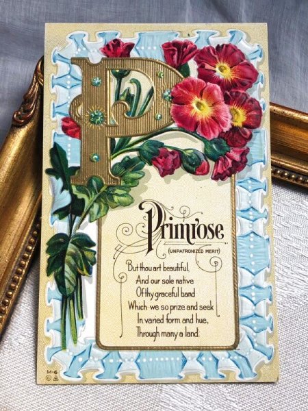 画像2: Postcard   アンティークポストカード アルファベットP プリムローズのお花 宝石 ジュエリー 花言葉 (2)