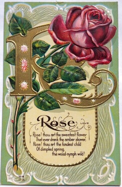 画像1: Postcard  　アンティークポストカード　アルファベットR　薔薇のお花 宝石　ジュエリー　花言葉 (1)