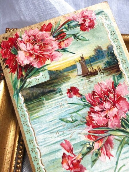 画像3: Postcard  　アンティークポストカード　水辺の風景　お花　カーネーション　帆船　 (3)