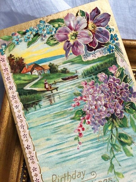 画像3: Postcard  　アンティークポストカード　水辺の風景　ライラックとクレマチスのお花　1908年 (3)