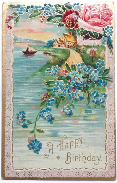画像1: Postcard  　アンティークポストカード　水辺の風景　忘れな草のお花　小舟　 (1)