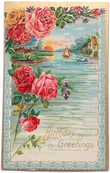 画像1: Postcard  　アンティークポストカード　水辺の風景　お花　薔薇　ヨット　白鳥 1908年 (1)