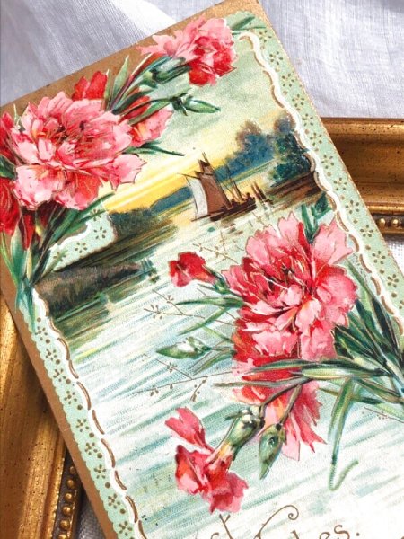 画像3: Postcard  　アンティークポストカード　水辺の風景　お花　カーネーション　帆船　1908年 (3)