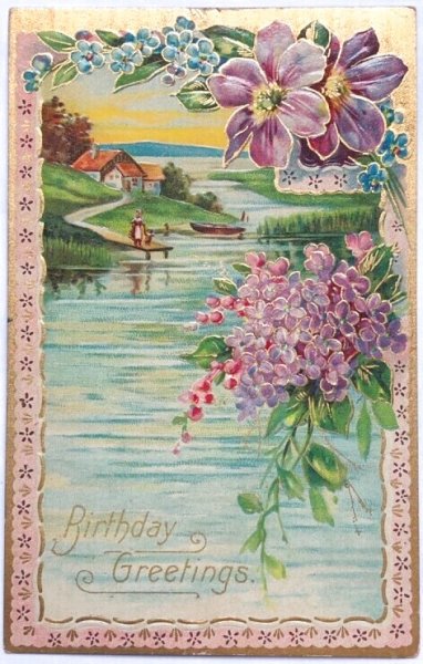 画像1: Postcard  　アンティークポストカード　水辺の風景　ライラックとクレマチスのお花　1908年 (1)