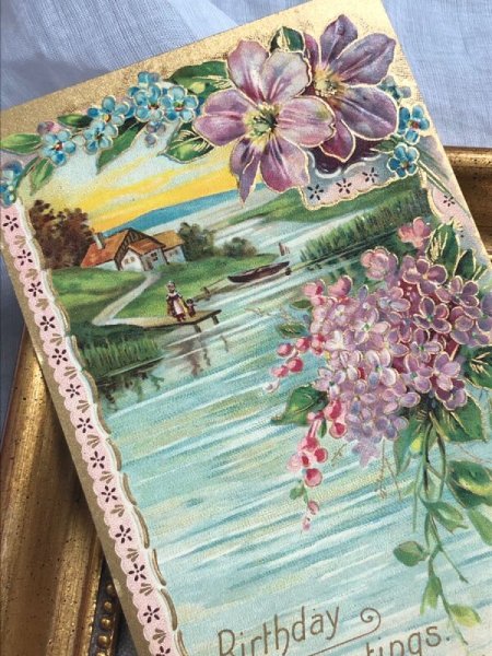 画像3: Postcard  　アンティークポストカード　水辺の風景　ライラックとクレマチスのお花 (3)