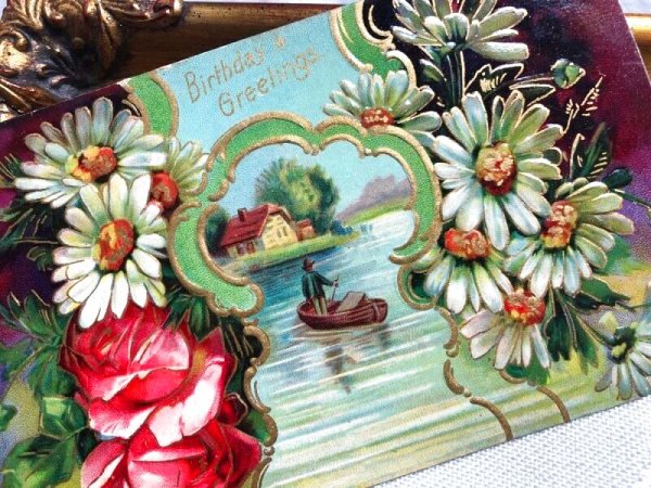 画像3: Postcard   アンティークポストカード お花と水辺の風景 薔薇 デイジー ボート  (3)