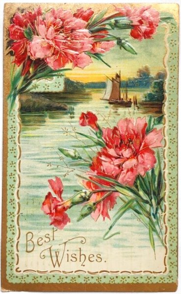 画像1: Postcard  　アンティークポストカード　水辺の風景　お花　カーネーション　帆船　1908年 (1)