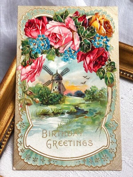 画像2: Postcard   アンティークポストカード 水辺の風景 水車小屋 薔薇 忘れな草 (2)