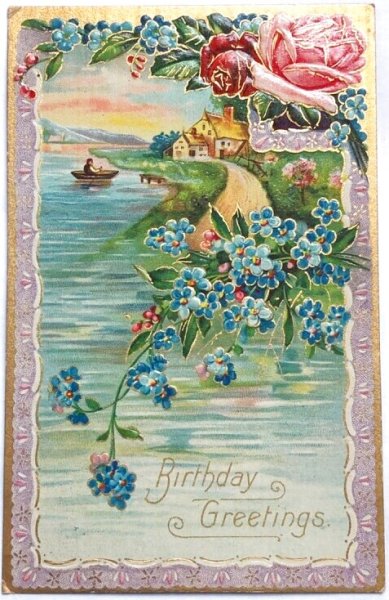 画像1: Postcard  　アンティークポストカード　水辺の風景　忘れな草のお花　小舟　1908年 (1)