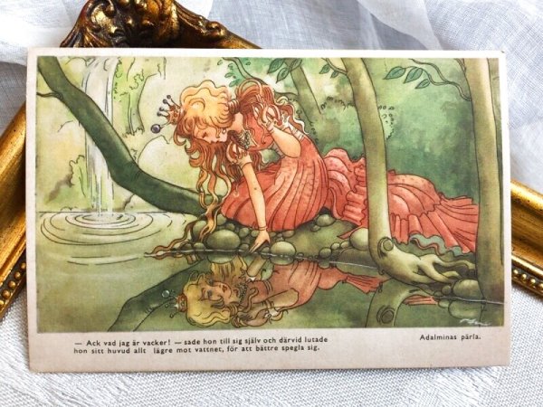 画像2: Postcard アンティークポストカード 童話 Adakminas Parla  池の水面を見つめるお姫様 スウェーデン (未使用) (2)