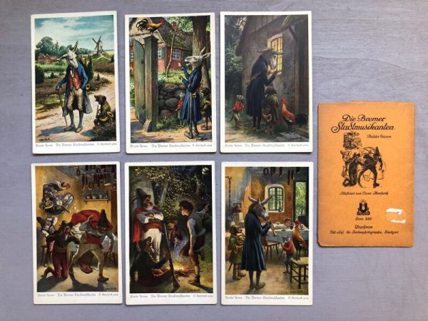 画像1: Postcard　アンティークポストカード　ブレーメンの音楽隊　ドイツ　6枚セット　専用帯付き (1)