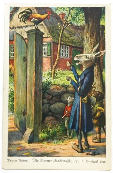画像4: Postcard　アンティークポストカード　ブレーメンの音楽隊　ドイツ　6枚セット　専用帯付き (4)