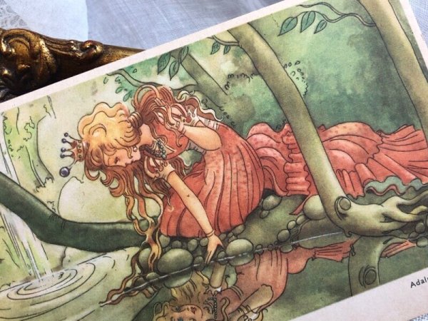 画像3: Postcard アンティークポストカード 童話 Adakminas Parla  池の水面を見つめるお姫様 スウェーデン (未使用) (3)