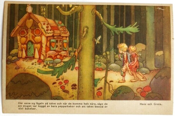 画像1: Postcard　アンティークポストカード　ヘンゼルとグレーテル　お菓子の家　キノコ　スウェーデン　（未使用） (1)