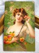 画像2: Postcard  　アンティークポストカード　 薔薇のお花と女性　（未使用） (2)