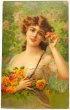 画像1: Postcard  　アンティークポストカード　 薔薇のお花と女性　（未使用） (1)