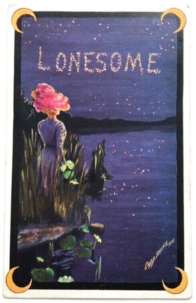 画像1: Postcard  　アンティークポストカード　 月夜の水辺に佇む寂しい女性　アメリカ1912年 (1)