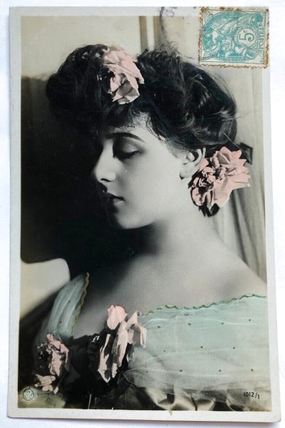 画像1: Postcard　アンティークポストカード　女性　横顔　フランス　写真 (1)