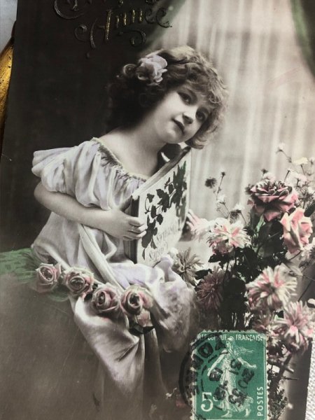 画像3: Postcard アンティークポストカード 薔薇のお花と女の子 アルバム フランス1913年 (3)