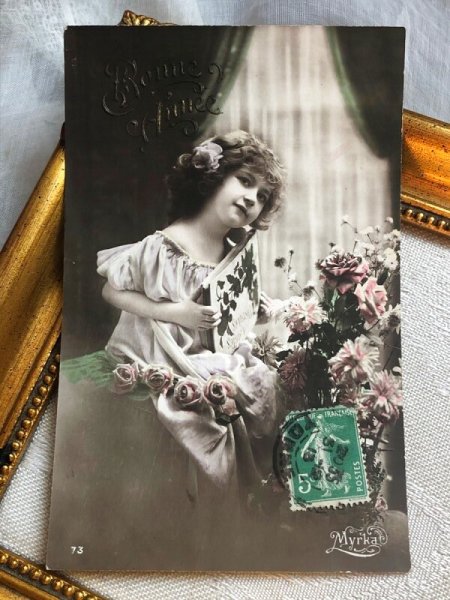 画像2: Postcard アンティークポストカード 薔薇のお花と女の子 アルバム フランス1913年 (2)