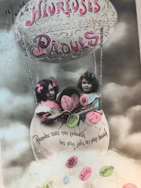 画像3: Postcard アンティークポストカード 卵の気球からイースターエッグを振りまく女の子たち フランス1906年 (3)