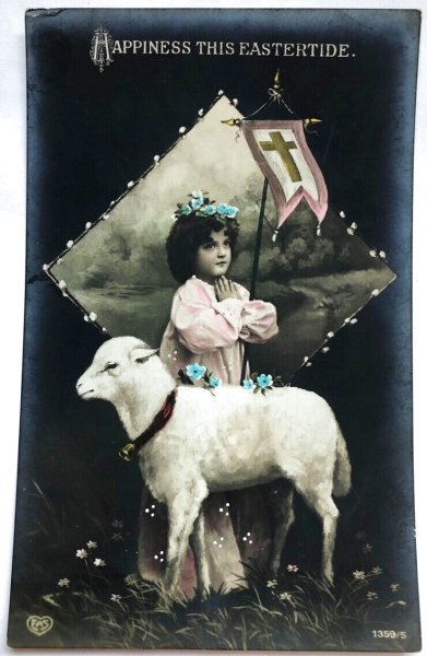 画像1: Postcard　アンティークポストカード　イースター　羊と祈る女の子　 (1)