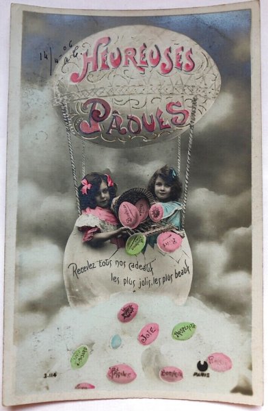 画像1: Postcard　アンティークポストカード　卵の気球からイースターエッグを振りまく女の子たち　フランス1906年 (1)