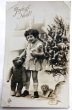 画像1: Postcard　アンティークポストカード　テディベアとお人形と女の子　クリスマスツリー (1)