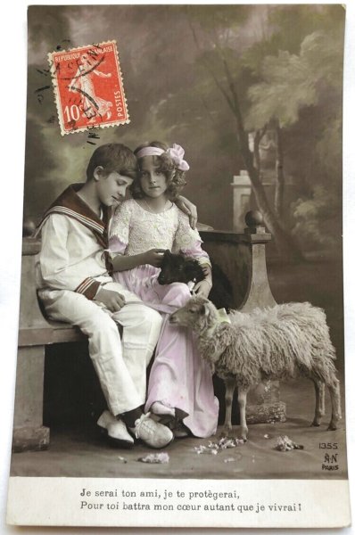 画像1: Postcard    アンティークポストカード　羊とヤギと子どもたち　Grete Reinwald　フランス (1)