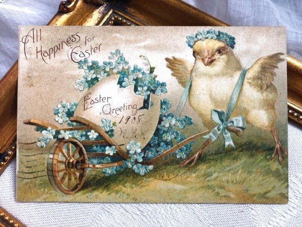 画像2: Postcard  アンティークポストカード　イースター　大きな卵を運ぶヒヨコ　忘れな草のお花　Ellen Clapsaddle　アメリカ1908年 (2)