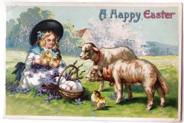 画像1: Postcard  アンティークポストカード　イースター　子羊と女の子とヒヨコ　 (1)