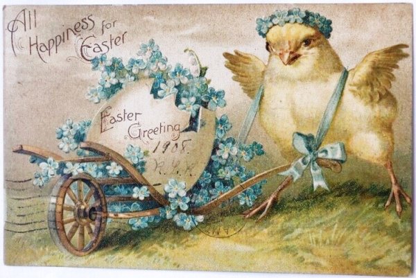 画像1: Postcard  アンティークポストカード　イースター　大きな卵を運ぶヒヨコ　忘れな草のお花　Ellen Clapsaddle　アメリカ1908年 (1)