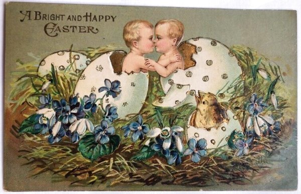 画像1: Postcard  アンティークポストカード　イースター　卵から生まれた赤ちゃんたち　双子　スミレ (1)