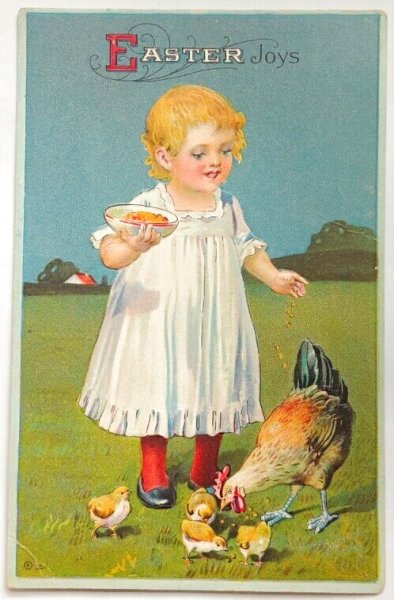 画像1: Postcard  アンティークポストカード　イースター　ニワトリとヒヨコに餌を与える女の子　アメリカ1913年 (1)